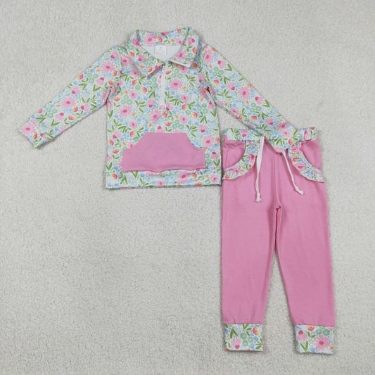 Baby Girls Kids Long Sleeves Flower Zipper Shirt Pockets Pink Pants Clothes Set RTS
