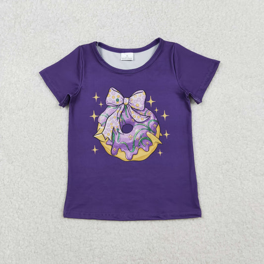 Girls Kids Purple Short Sleeves Donut Bow Mardi Gras Tee Shirt RTS