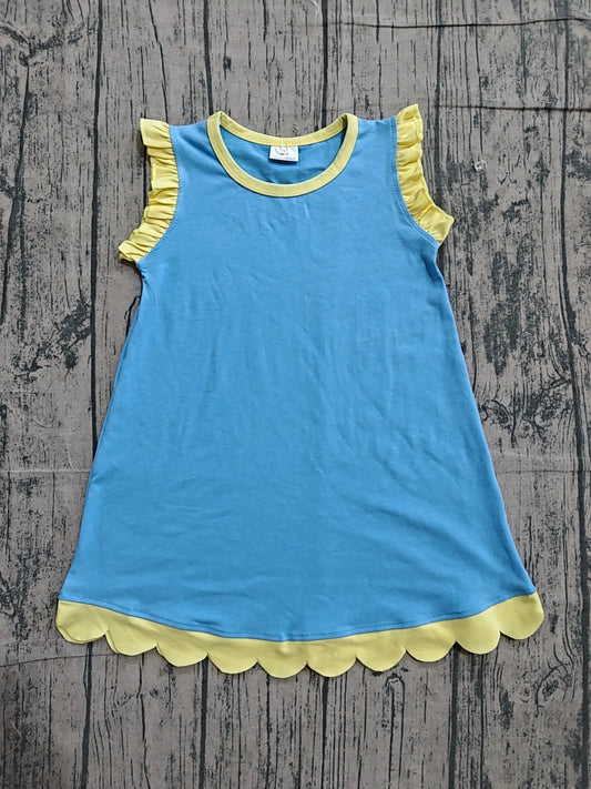 ( No moq ) Preorder Baby Girls Kids Sleeveless Scallop Knee Length Dress Blue Yellow Clothes