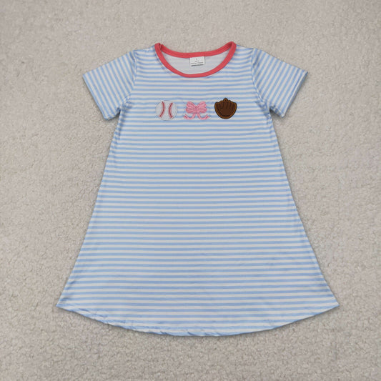 Baby Girl Short Sleeves Embroidery Bow Baseball Blue Stripes Dress RTS