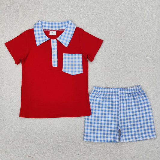 Baby Boy Red Short Sleeves Pocket Shirt Blue Plaid Shorts Clothes Set RTS