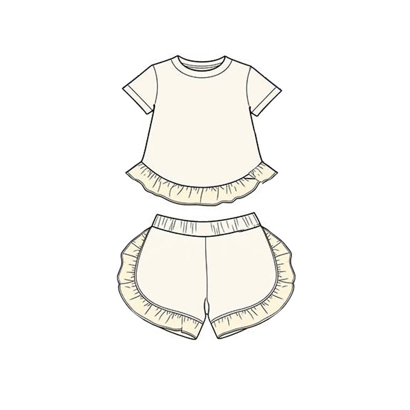 ( Moq 5 ) Preorder Baby Girl Kids Short Sleeves Ruffle Tops Shorts Cotton Set Summer Clothes