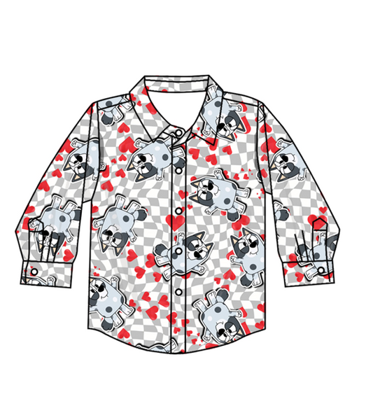 Baby Boy Kids Toddler Long Sleeves Valentines Dogs Hearts Buttons Shirt Tops Moq 5 (12.2)