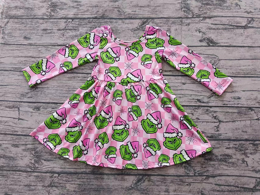 Baby Girl Long Sleeves Christmas Green Face Pink Checkered Knee Length Dress Moq 5