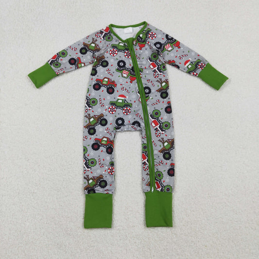 Boys Infant Long Sleeves Christmas Trucks Green Zipper Sleeper Romper RTS
