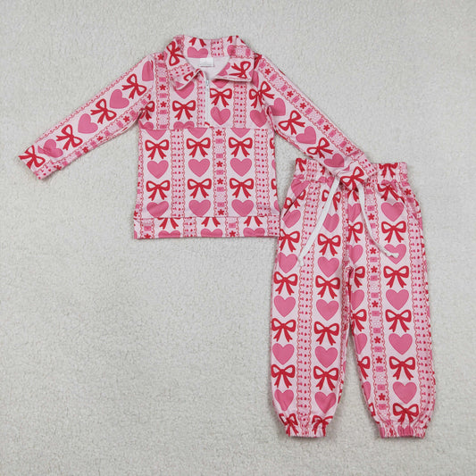 Baby Girls Long Sleeves Bows Hearts Zipper Pullover Pants Valentine Clothes Set RTS