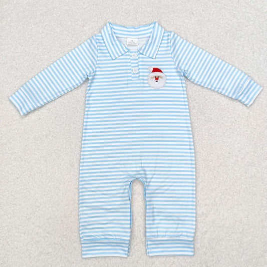 Baby Boy Blue Stripes Embroidery Christmas Santa Buttons Romper