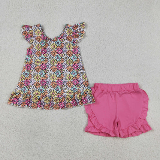 Baby Girls Kids Short Sleeves Flower Tunic Pink Ruffle Shorts Summer Set RTS