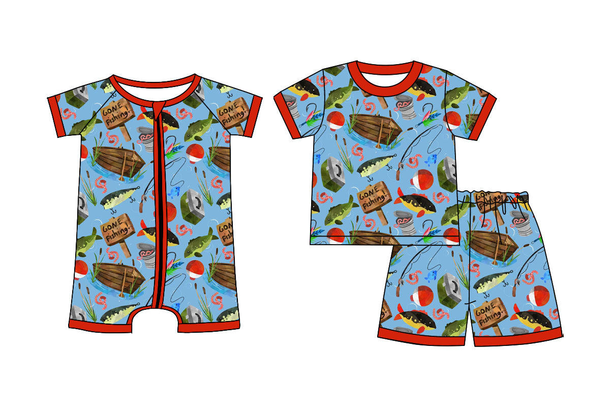 ( Moq 5 Each Style ) Sibling Baby Boys Kids Short Sleeves Shirt Shorts Set Romper Fishing Clothes