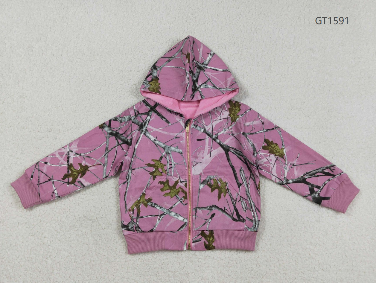 Baby Girls Long Sleeves Southern Leaves Camo Zipper Pockets Pink Hoodie Jackets Coat RTS