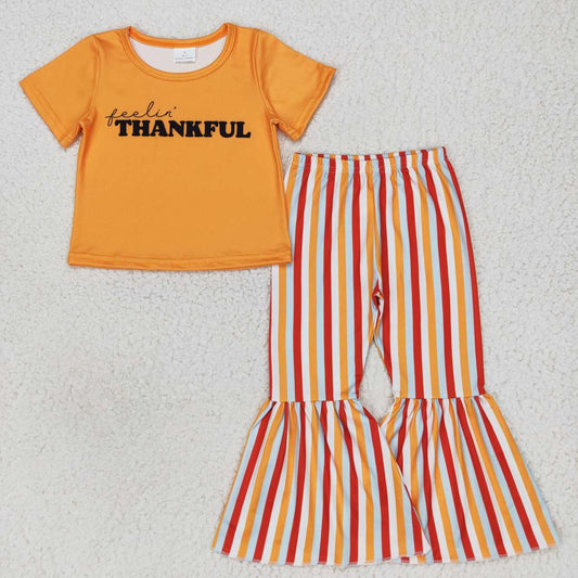 GSPO0883 Baby Girl Short Sleeves Thankful Shirt Stripes Bell Pants Outfit
