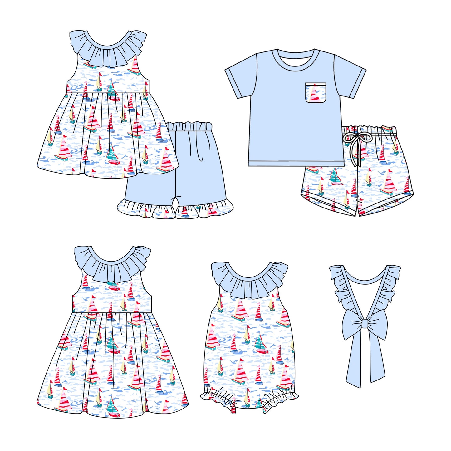 Baby Boy Girl Boats Blue Sibling Romper Dress Set ( Moq 5 Each Style ) 1.10