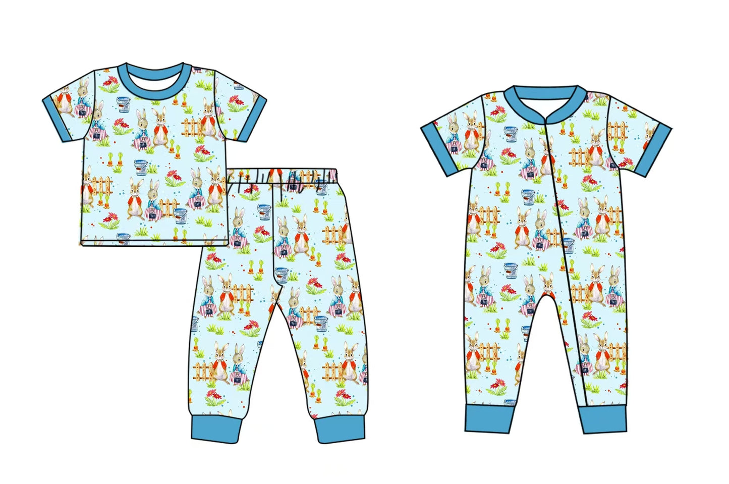 Baby Boy Short Sleeves Easter Rabbits Blue Sibling Romper Clothes Set ( Moq 5 Each Design ) 12.5