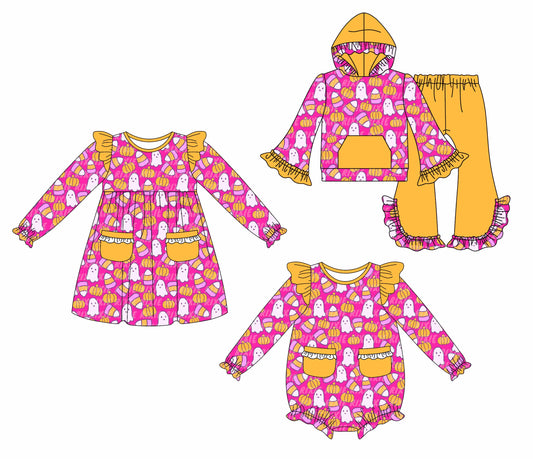( Moq 5 Each Style ) Baby Girl Toddler Ghosts Pumpkins Halloween Sibling Romper Dress Set