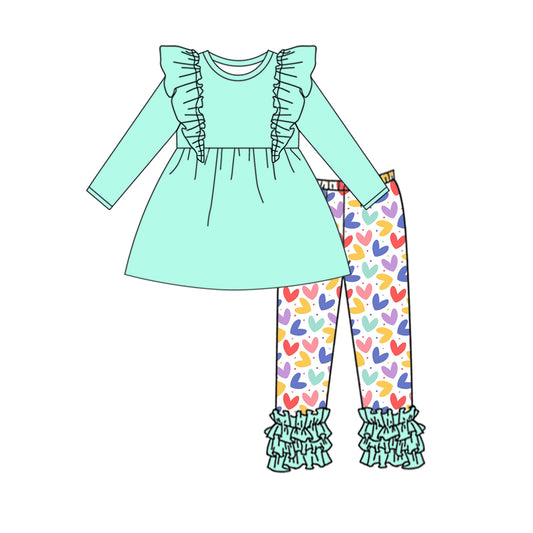 Baby Girl Long Sleeves Green Cotton Tops Hearts Pants Valentine Set Moq 5