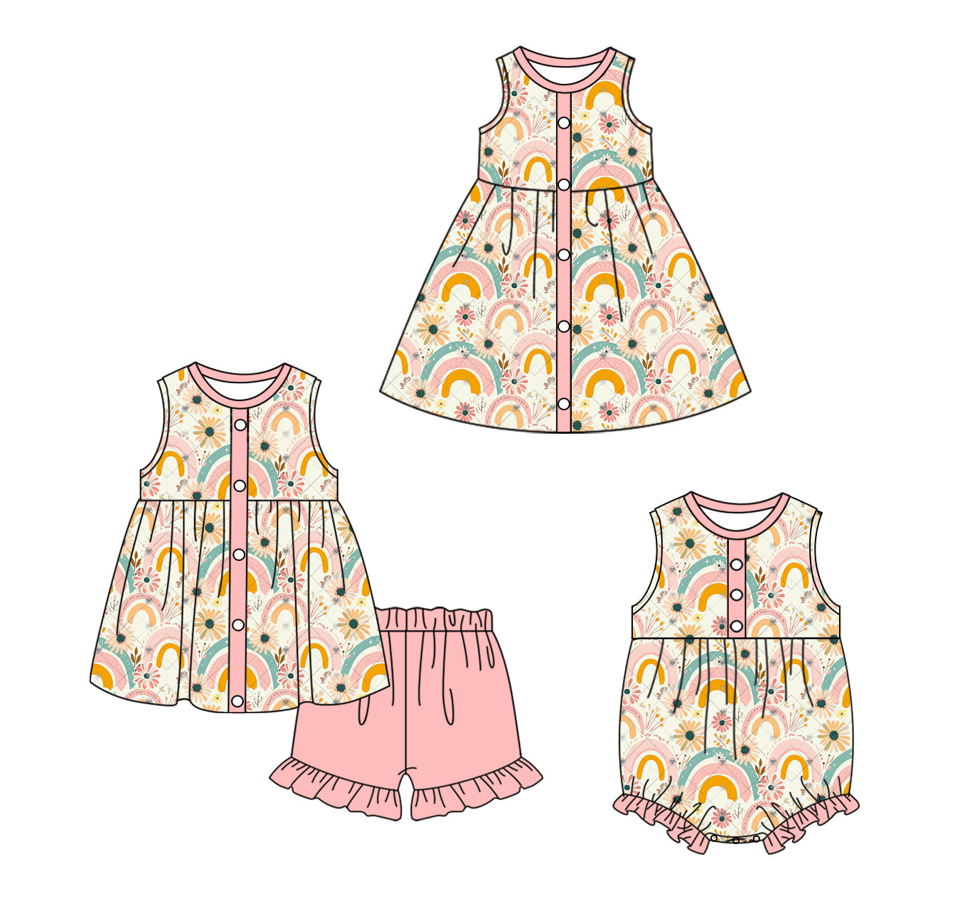 Baby Girl Rainbow Flower Sibling Dress Romper Set ( Moq 5 Each Style ) 12.19