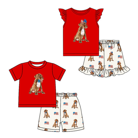 Baby Boy Girl Short Sleeves 4th Of July Dogs Flags Sibling Set ( Moq 5 Each Style ) 4.1