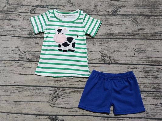 Baby Boy Short Sleeves Farm Cow Stripes Shirt Blue Shorts Set ( Moq 5 )