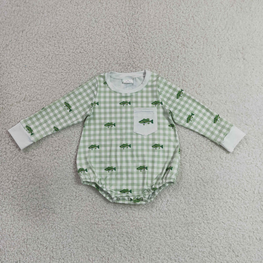 Baby Boys Infant Long Sleeves Fish Green Plaid Pocket Romper Clothes RTS
