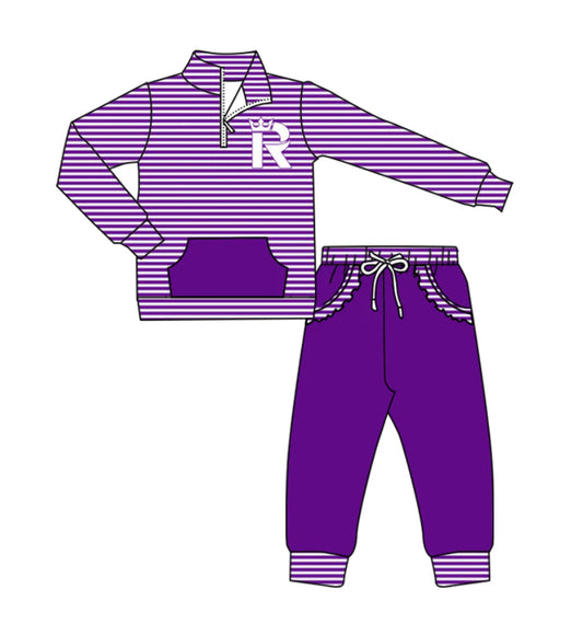 ( Moq 5 ) Baby Girls Toddler Purple Stripes Long Sleeves Zipper Pullover Pockets Pants Team Clothes Outfit