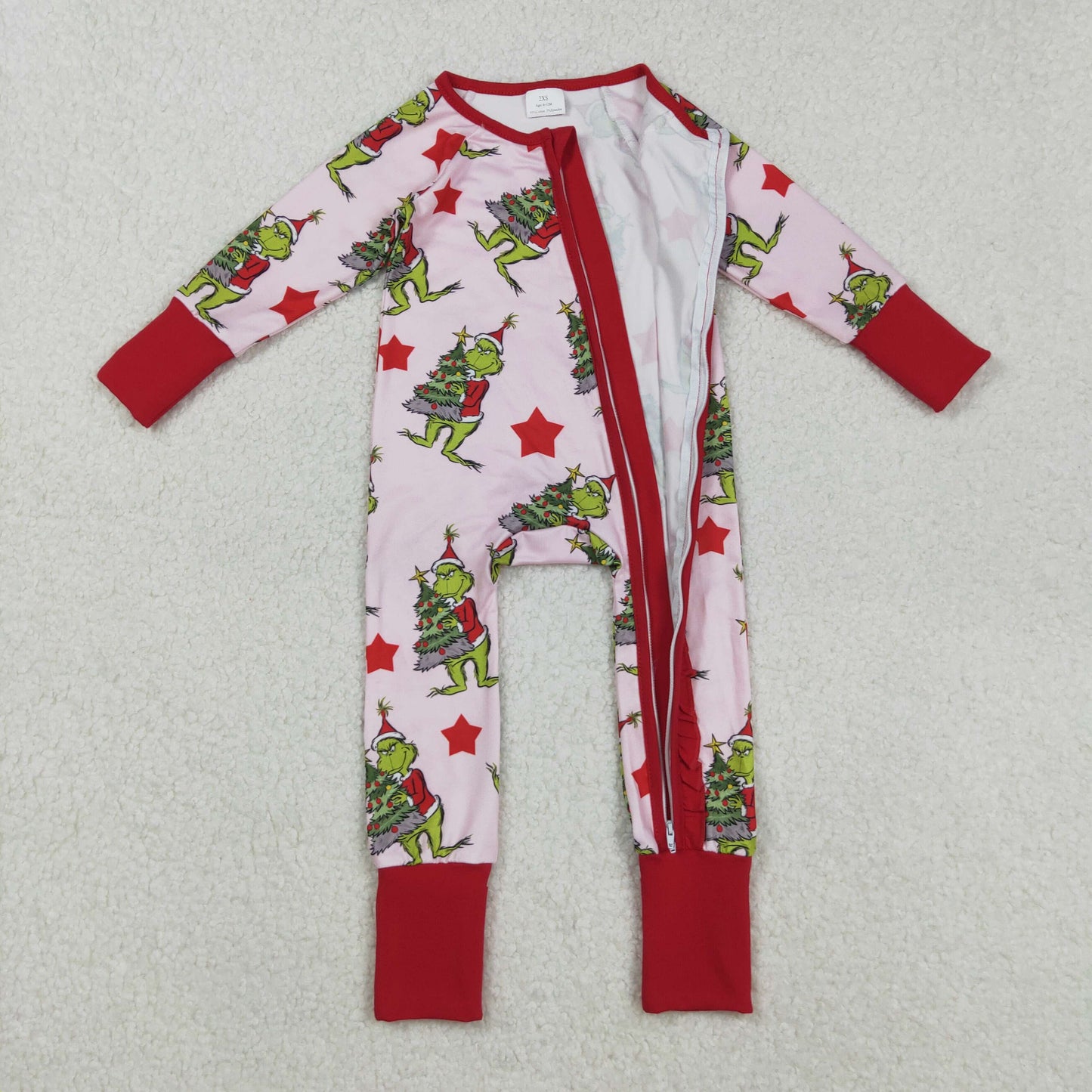 Baby Girl Long Sleeves Green Face Stars Christmas Ruffle Zipper Romper RTS