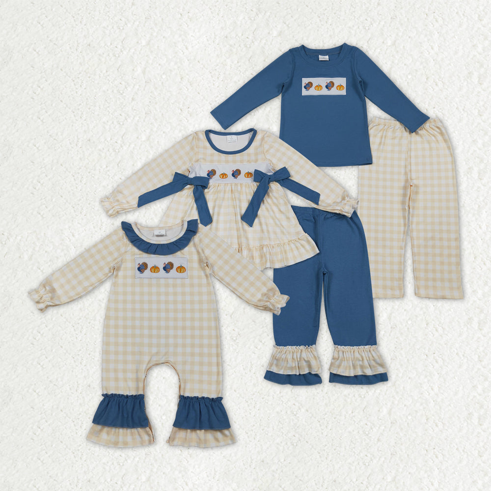 Sibling Baby Boys Girls Embroidery turkey Pumpkins Plaid Thanksgiving Fall Romper Set RTS