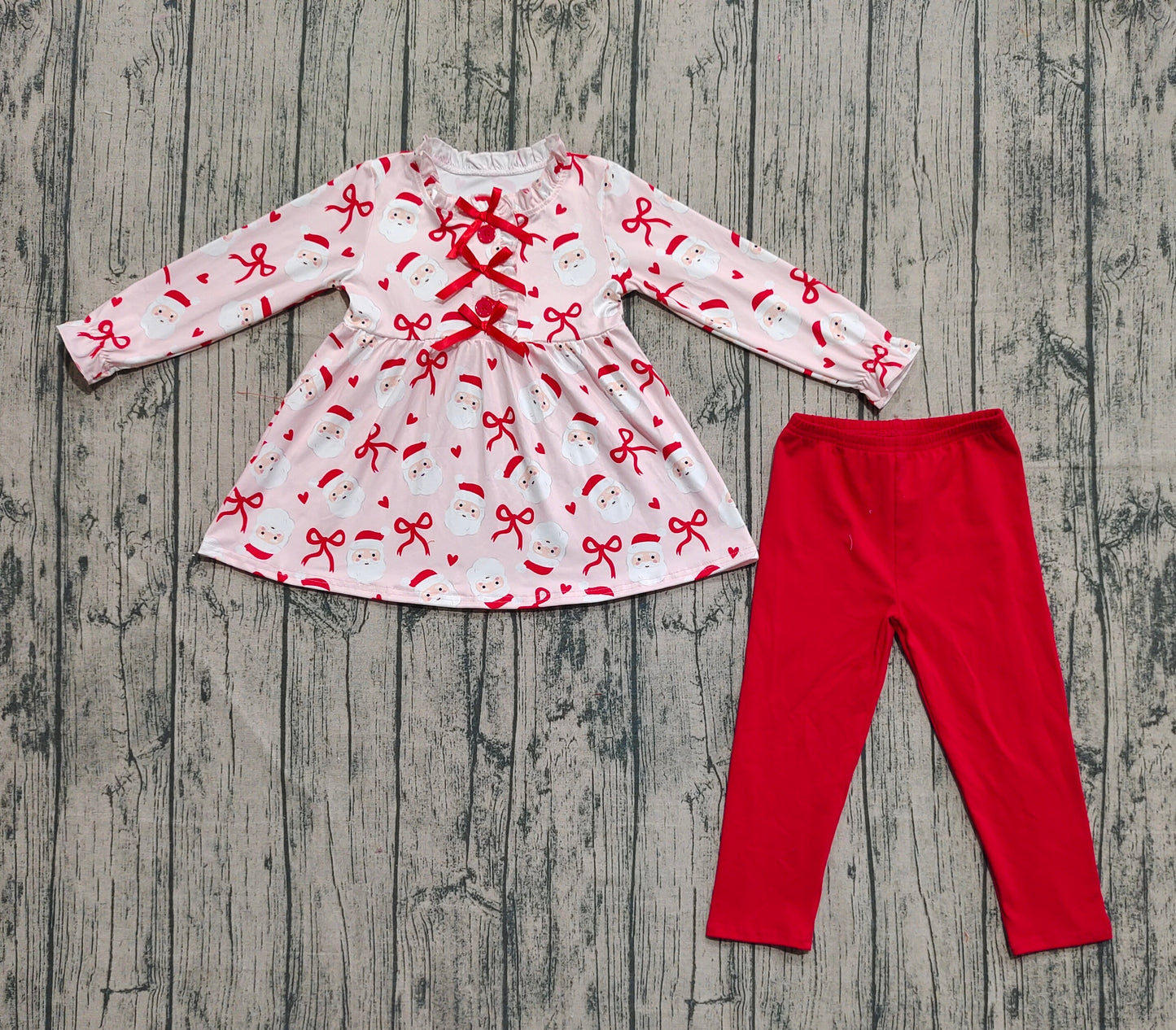 Baby Girl Long Sleeves Santa Bows Hearts Tunic Red Pants Christmas Set RTS