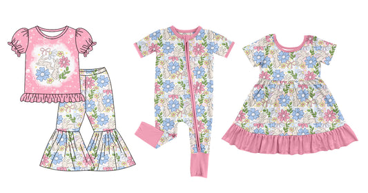 Baby Girl Short Sleeves Easter Rabbits Bows Flower Sibling Romper Dress Set ( Moq 5 Each Design ) 12.13
