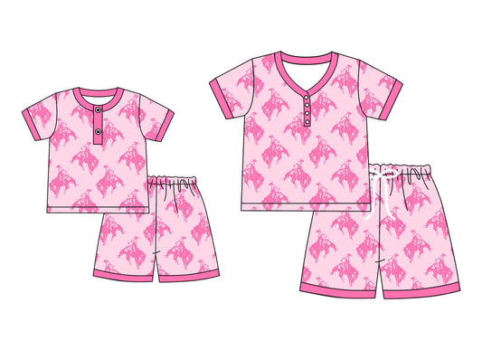 ( Moq 5 Each Style ) Baby Girl Adult Women Western Rodeo Buttons Sibling Summer Mommy And Me Family Pink Pajamas Set 4.21
