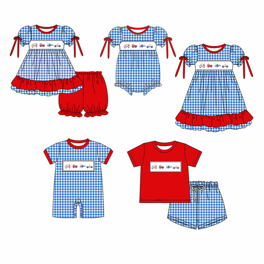 Baby Boy Girl Car Blue Plaid Sibling Dress Romper Clothes Set ( Moq 5 Each style )11.25