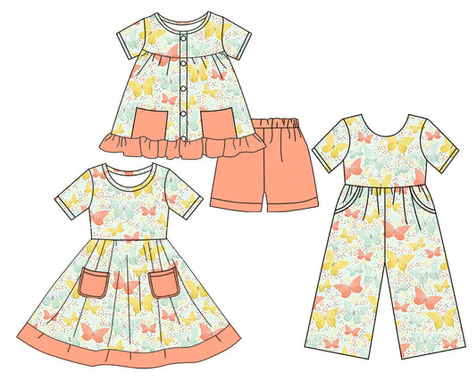 Baby Girl Short Sleeves Butterfly Sibling Jumpsuit Dress Set ( Moq 5 Each Style ) 3.19