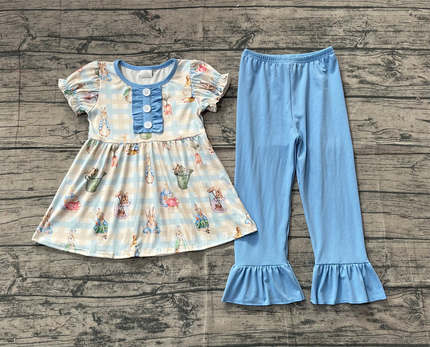 ( No moq ) Preorder Girls Kids Short Sleeves Rabbits Plaid Tunic Blue Pants Easter Set