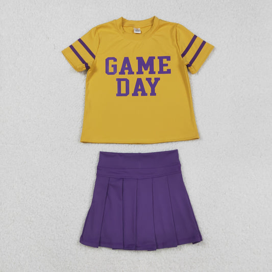 Baby Girl Short Sleeves Game Day Vinyl Shirt Purple Yoga Active Skort Team Cheer Set RTS