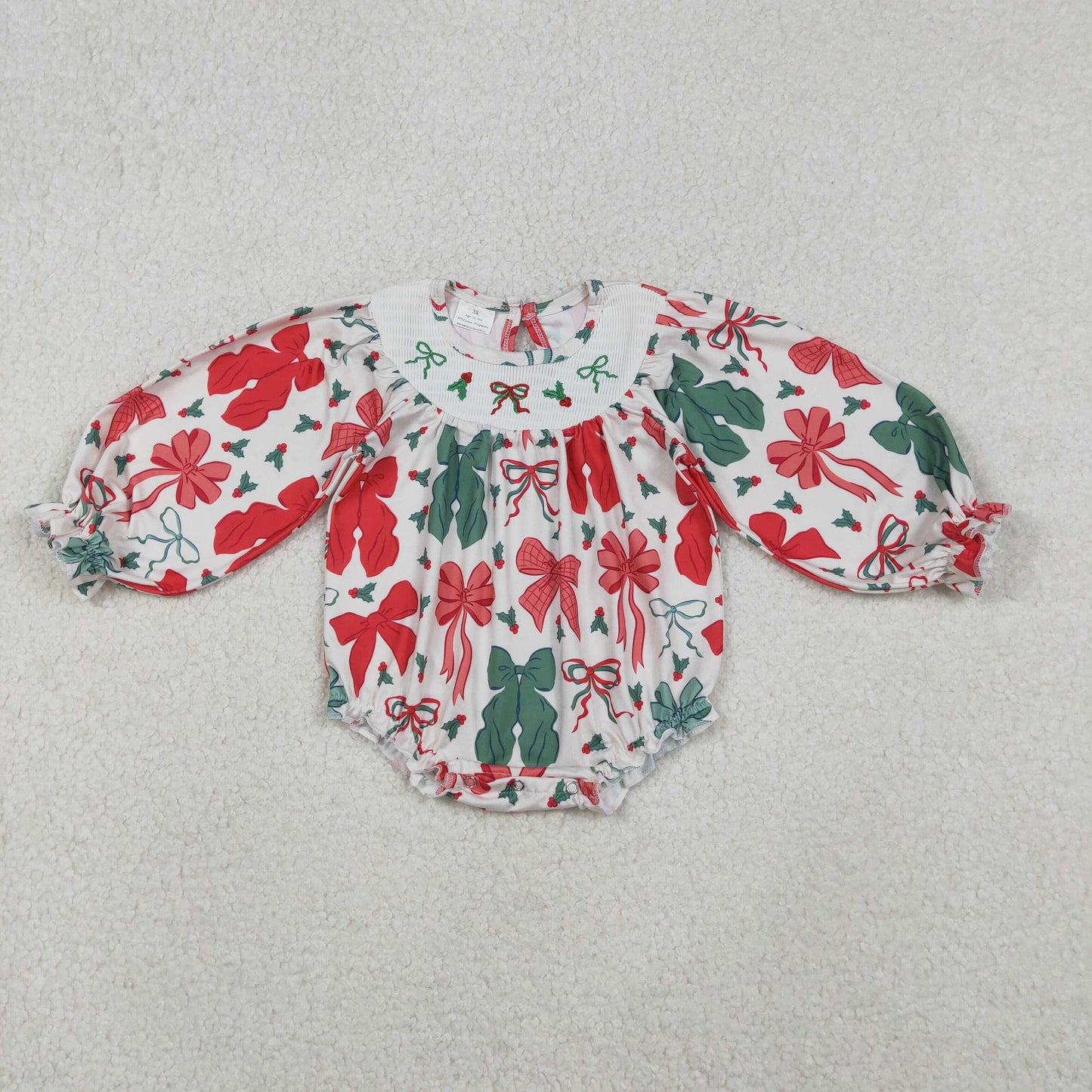 Baby Girls Long Sleeves Red Green Bows Embroidery Christmas Bubble Romper RTS