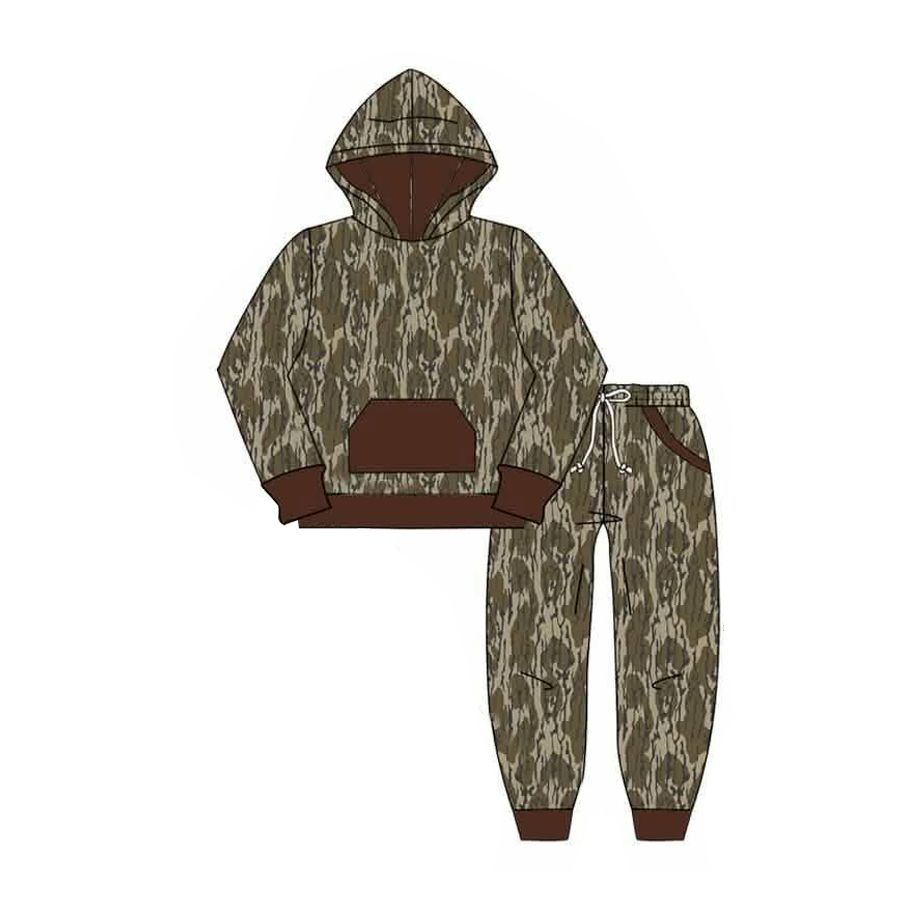 ( Moq 5 ) Preorder Baby Boys Kids Long Sleeves Olive Camo Hoodie Hoodie Shirt Pockets Pants Set Clothes