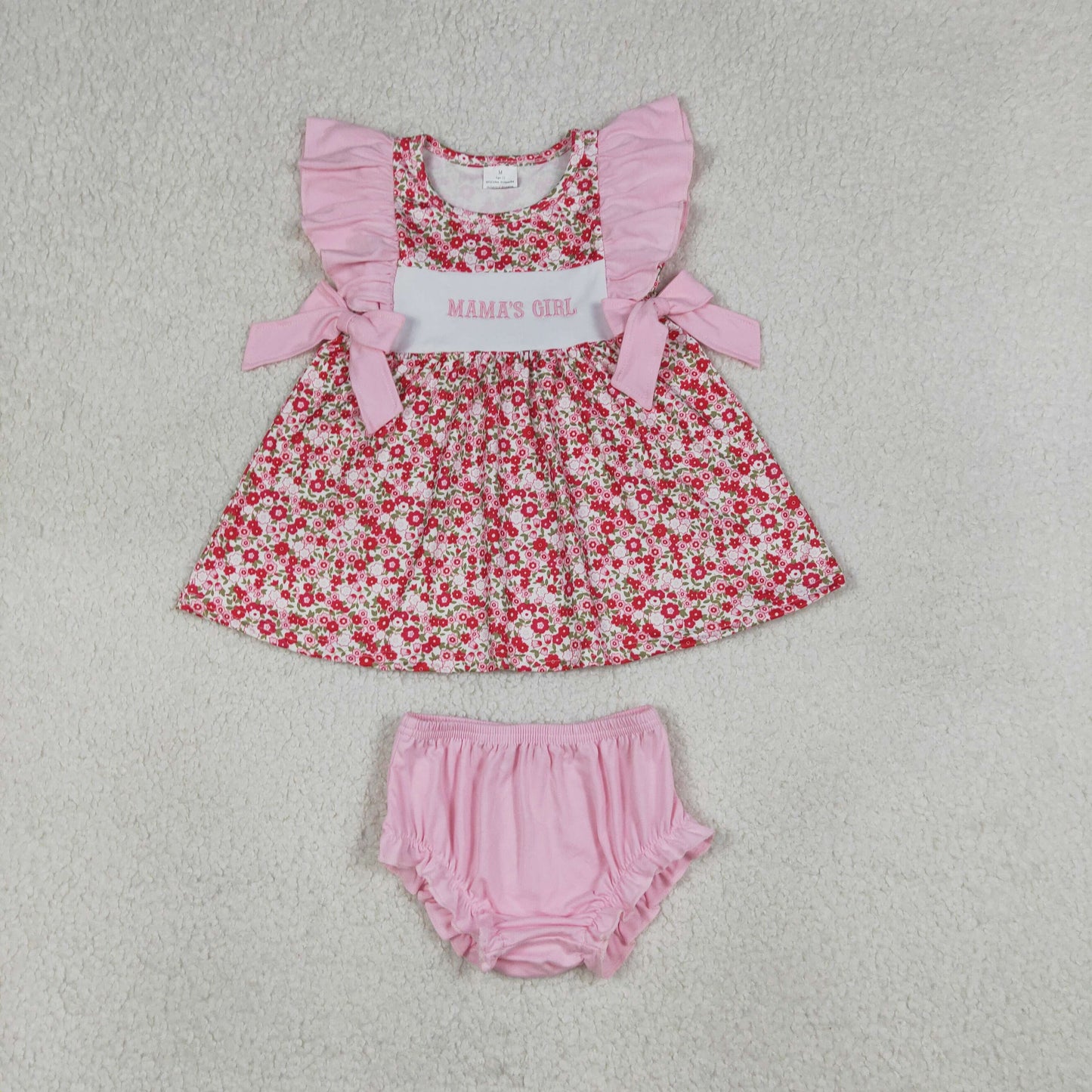 Baby Girls Kids Short Sleeves Embroidery Mama's Girl Flower Tunic Pink Shorts Set RTS