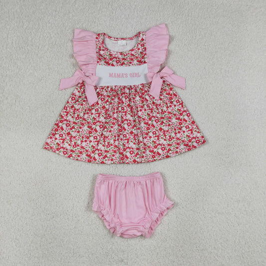 Baby Girls Kids Short Sleeves Embroidery Mama's Girl Flower Tunic Pink Shorts Set RTS