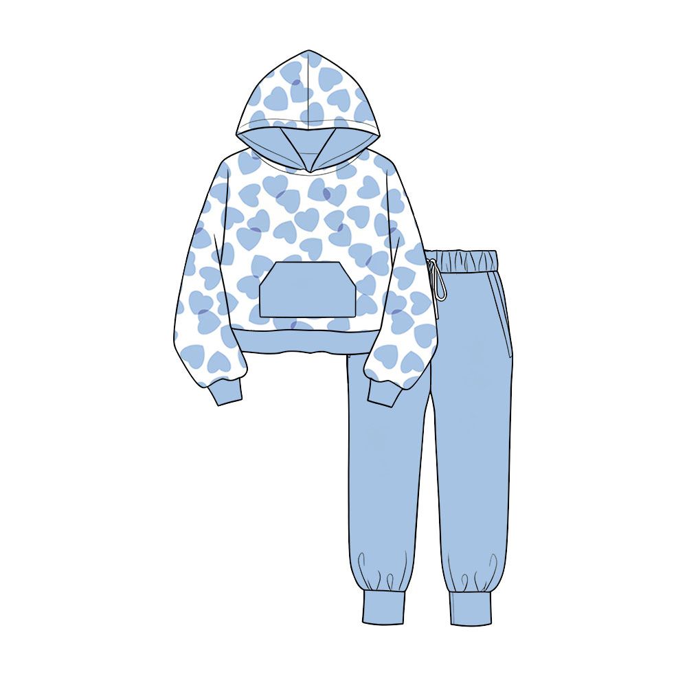 ( Moq 5 ) Preorder Baby Boys Kids Blue Hearts Hoodie Shirt Pockets Pants Valentine Set Clothes
