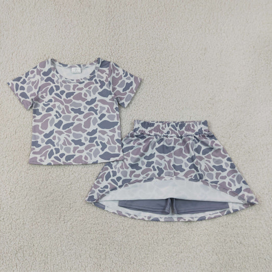 Baby Girl Short Sleeves Grey Camo Shirt Skorts Set Summer Clothes RTS