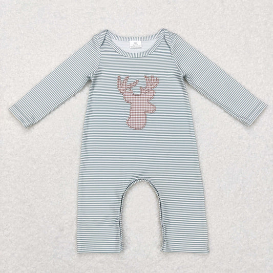 LR0694 Baby Boy Long Sleeves Deer Stripes One Piece Romper