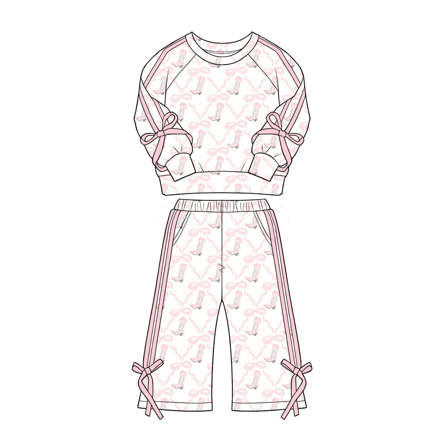( Moq 5 ) Preorder Baby Girls Kids Long Sleeves Boots Bows Pullover Pockets Pants Pink Set Clothes