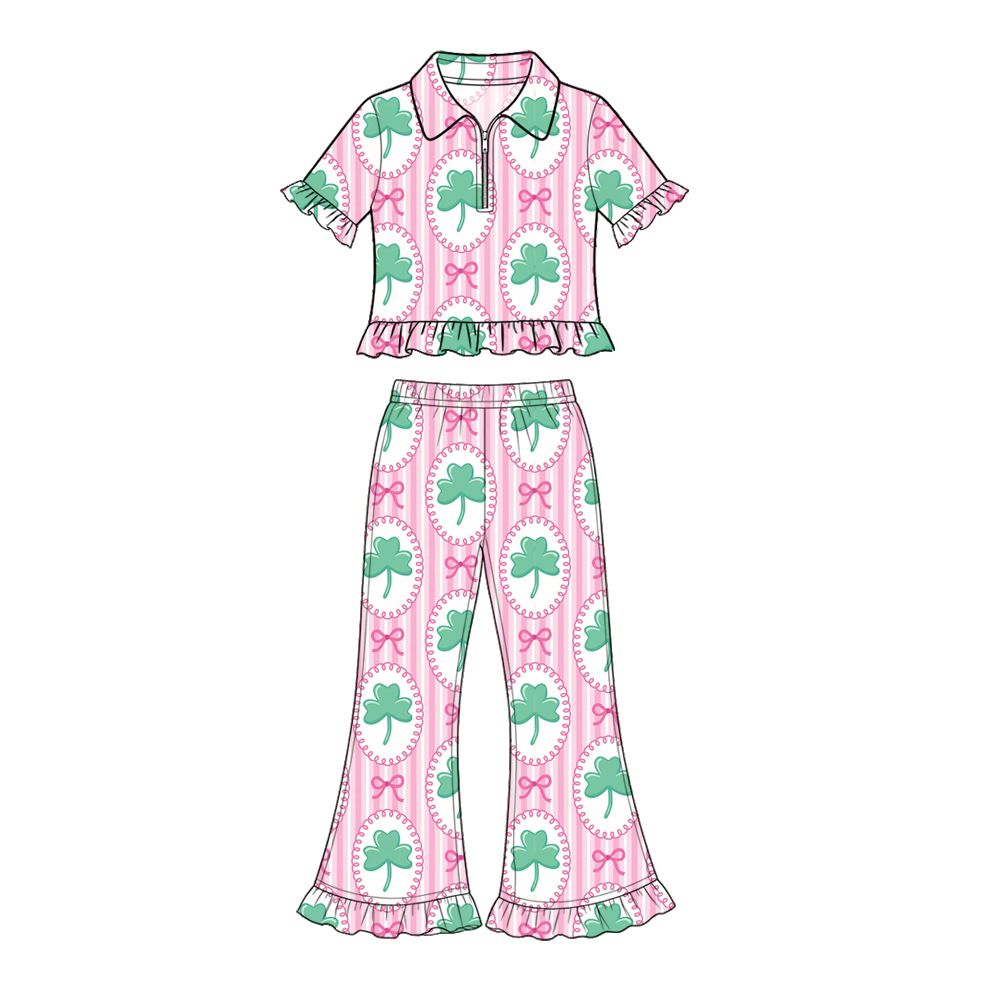 ( Moq 5 ) Preorder Baby Girls Kids Bows Clovers Stripes Zipper Shirt Pants Set St Patrick Clothes