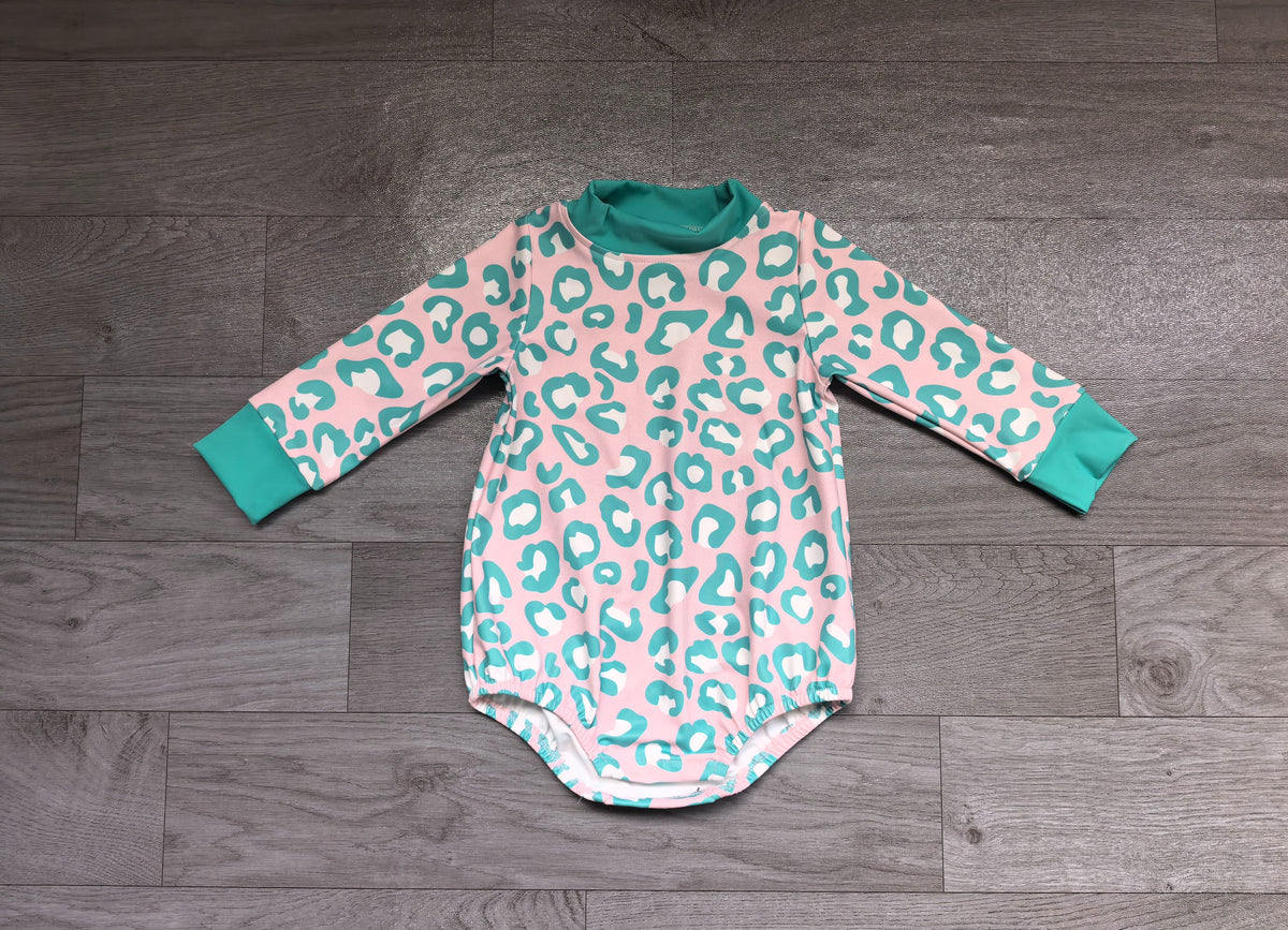 ( No moq ) Preorder Baby Girls Infant Long Sleeves Leopard Bubble Romper Mock Neck Clothes