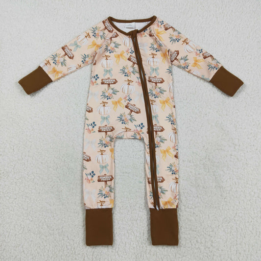 Baby Girl Long Sleeves Pumpkins Bows Flower Zipper Fall Romper RTS