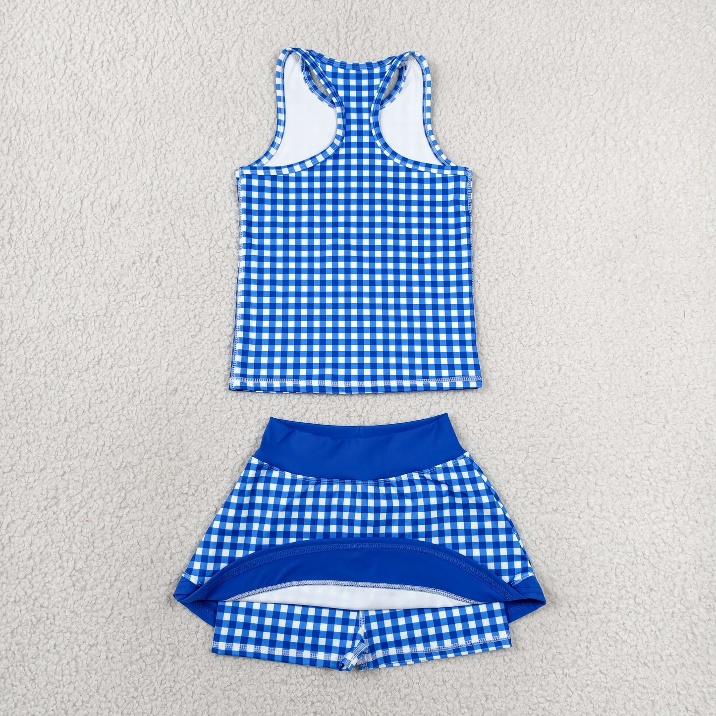 Baby Girls Kids Sleeveless Blue Plaid Tops Shorts Skirt Yoga Active Clothes Set RTS