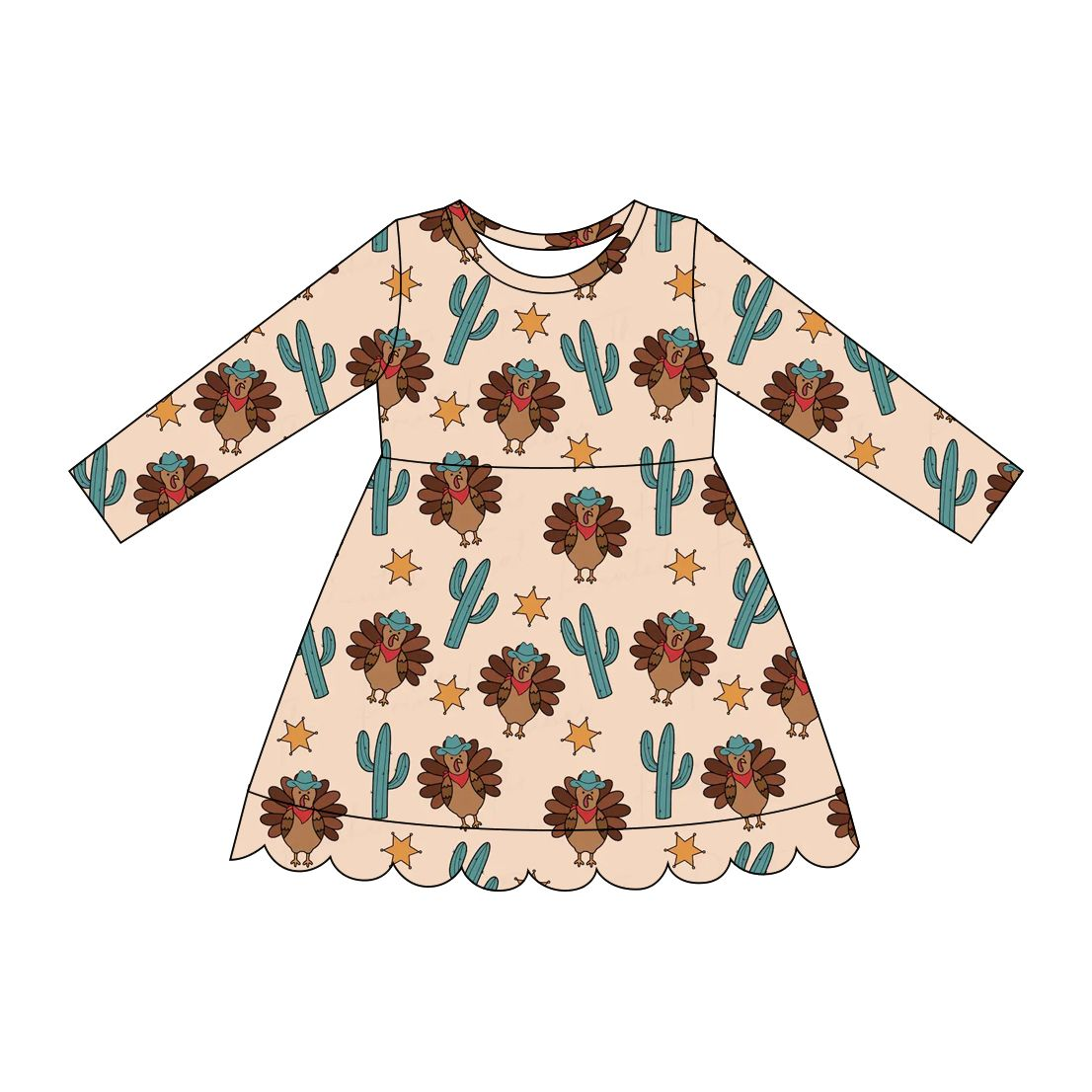 ( Moq 5 ) Preorder Baby Girls Kids Long Sleeves turkey Thanksgiving Scallop Knee Length Dress