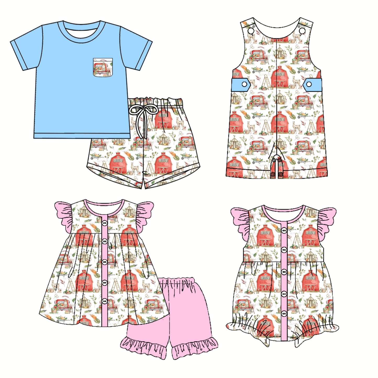 Baby Boy Girl Short Sleeves Farm Sibling Romper Set ( Moq 5 Each Style ) 3.19