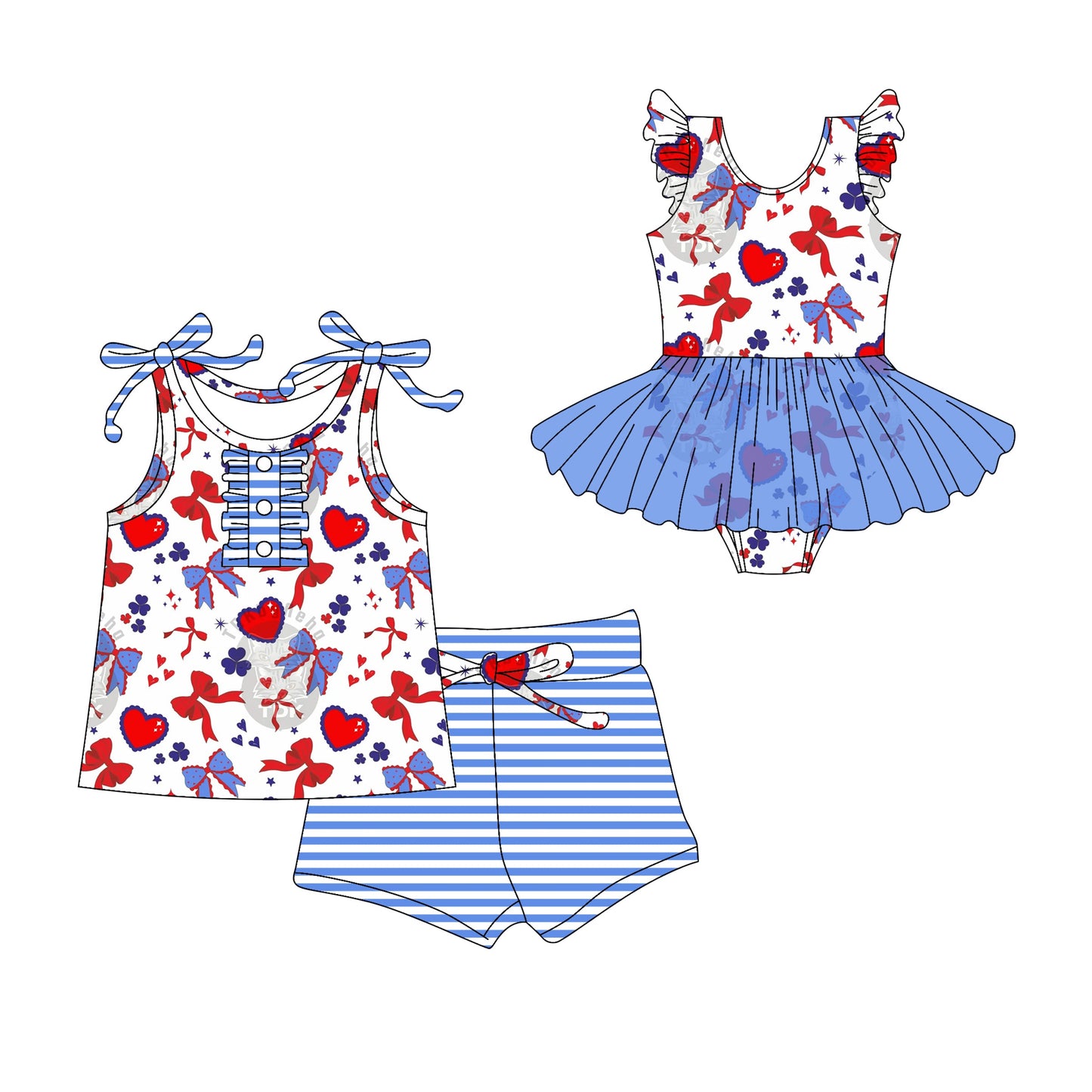 Baby Girl July 4th Hearts Bows Sibling Romper Set ( Moq 5 Each Style ) 3.1