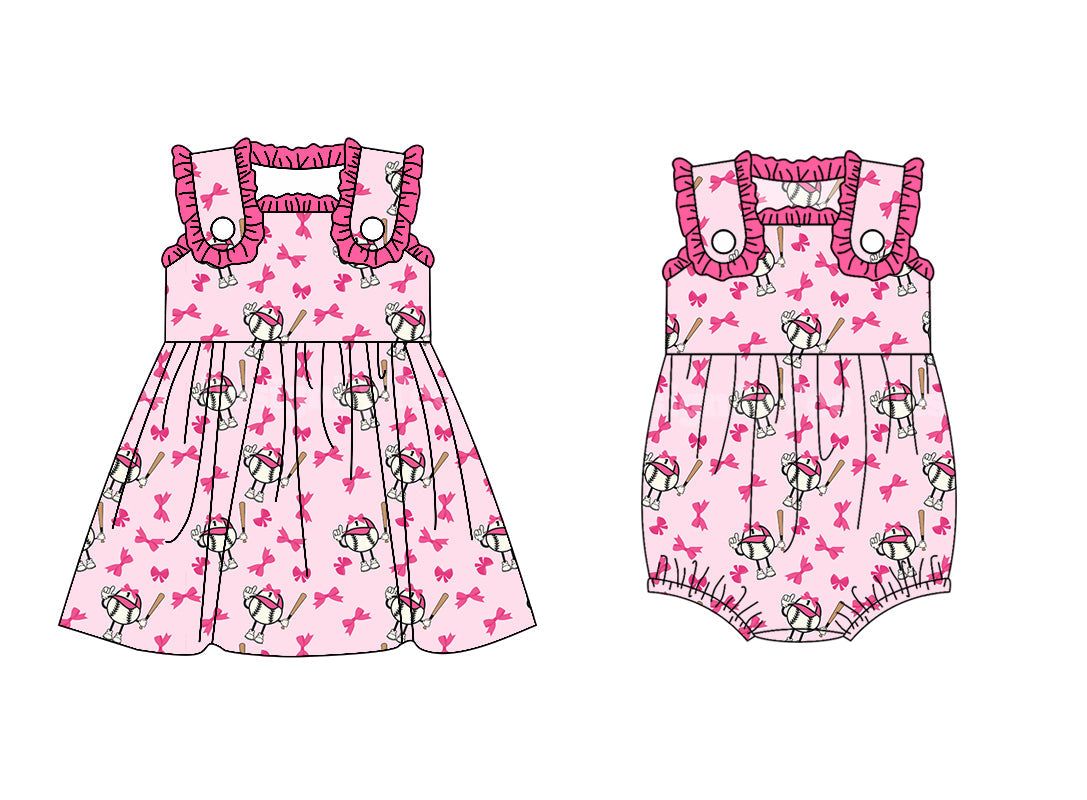 Baby Girl Sleeveless Bows Baseball Sibling Pink Romper Dress ( Moq 5 Each Style ) 3.21