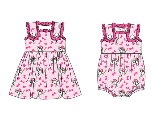 Baby Girl Sleeveless Bows Baseball Sibling Pink Romper Dress ( Moq 5 Each Style ) 3.21
